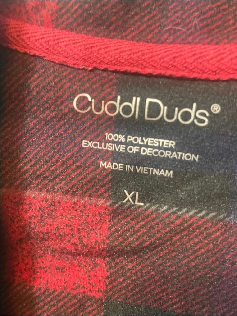 Cuddl Duds Men’s XL Pajama Set Red Black Buffalo Plaid Button-Up 2 Piece